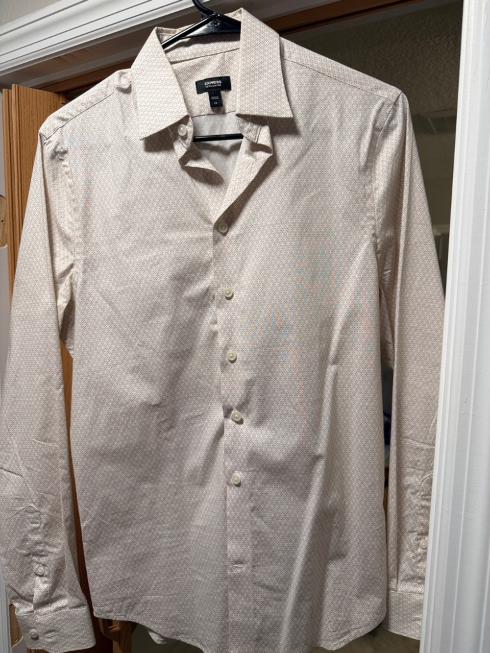 Express Men's Long Sleeve Dress Shirt - Light Beige Microprint